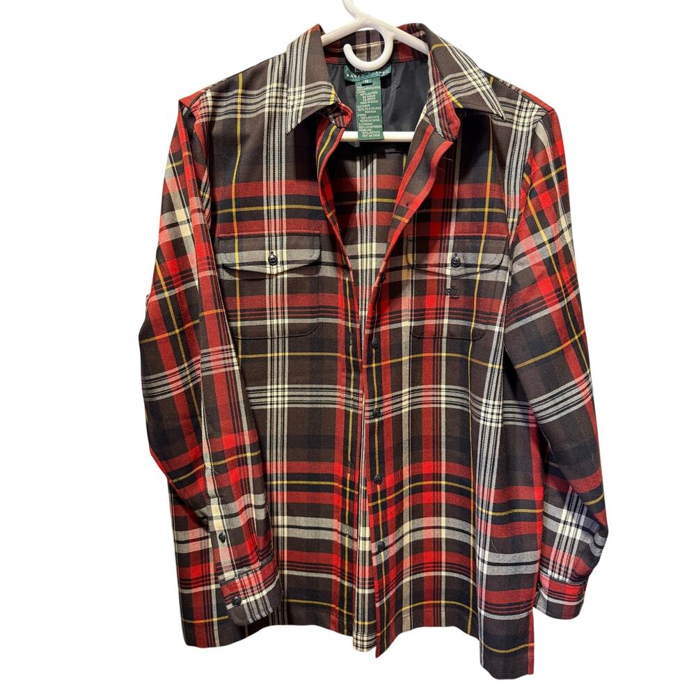 Lauren Ralph Lauren Vintage Red & Brown Tartan Plaid Button Up Wool Shirt Size M